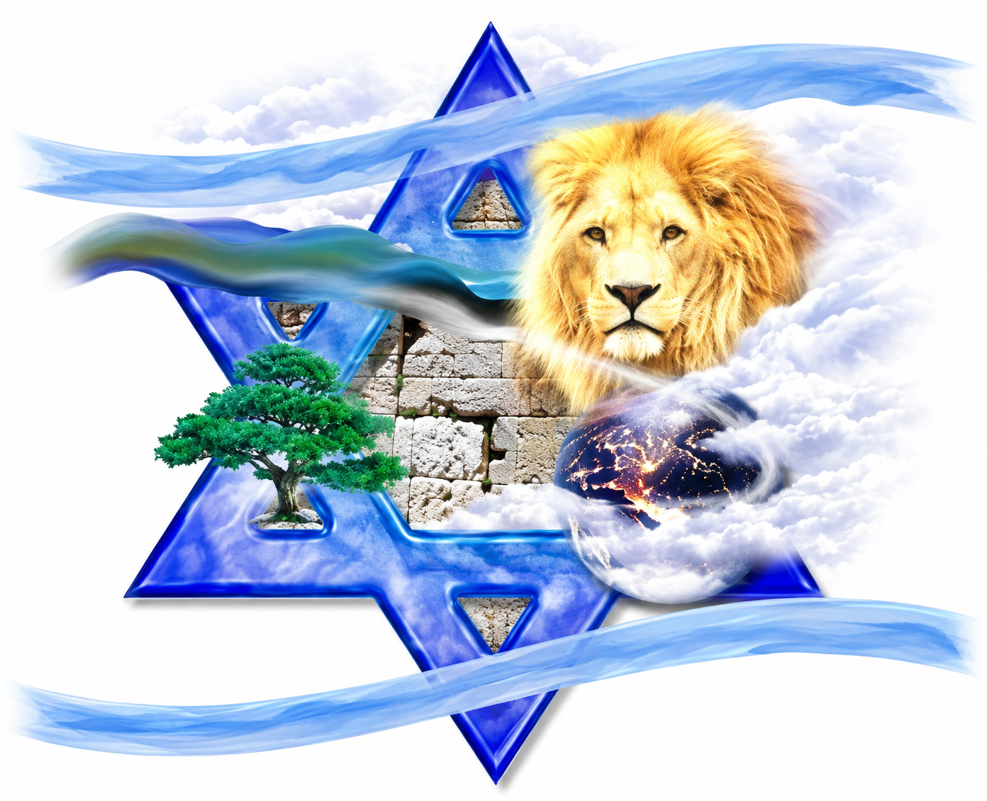 León, estrella de David y elementos de la bandera israelí, imagen referencial de la página actual